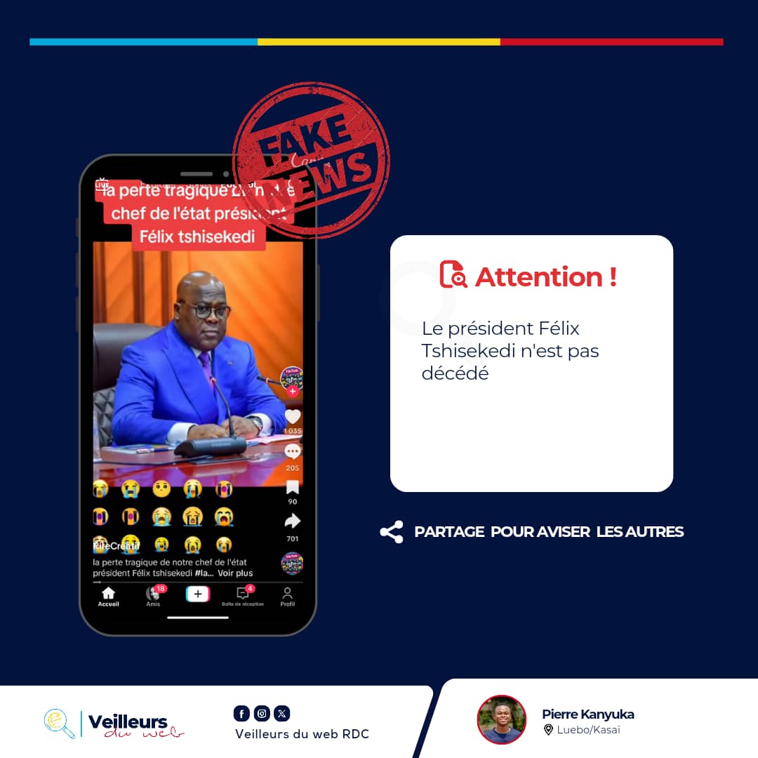 Faux, le président de la RDC, Félix Tshisekedi, n'est pas décédé

Les preuves factuelles sont ici : facebook.com/10007638177619…