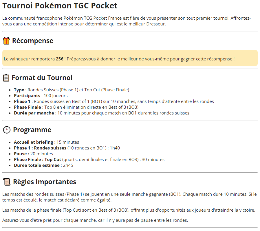 PokemonTCGP_FR's tweet photo. Nous sommes fiers de vous annoncer notre premier tournoi Pokémon TCG Pocket !

Ce mercredi 6 novembre à 18h.

🔹100 places
🔹Ronde suisse et phase finale
🔹Durée approximative 2h30
🔹Une carte cadeau de 25€ à gagner

Lien d'inscription :

https://t.co/tK9i3A1JQY https://t.co/KW0BaccKuS