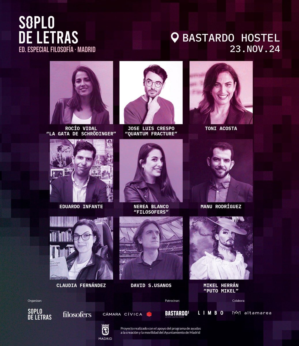 FESTIVAL DE FILOSOFIA 🎸📚
-soplo de letras-

Jornada  presentada por @putomikel . Ven a disfrutar de la conversación y el pensamiento crítico desde la calma, las risas, y el amor al conocimiento.
 
🎟️ ¡Entrada gratuita! 
Reserva: soplodeletras.com/entradas/
📅 23/11/2024