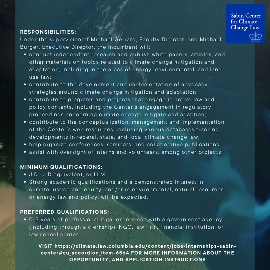 SabinCenter's tweet photo. 💼🌎⚖️ #JobAlert: We are hiring a #Climate Law Fellow for a one-year appointment. Details about the position, qualifications, salary and more are available here: https://t.co/WXsj02Kvke https://t.co/h4K7q5jGVJ