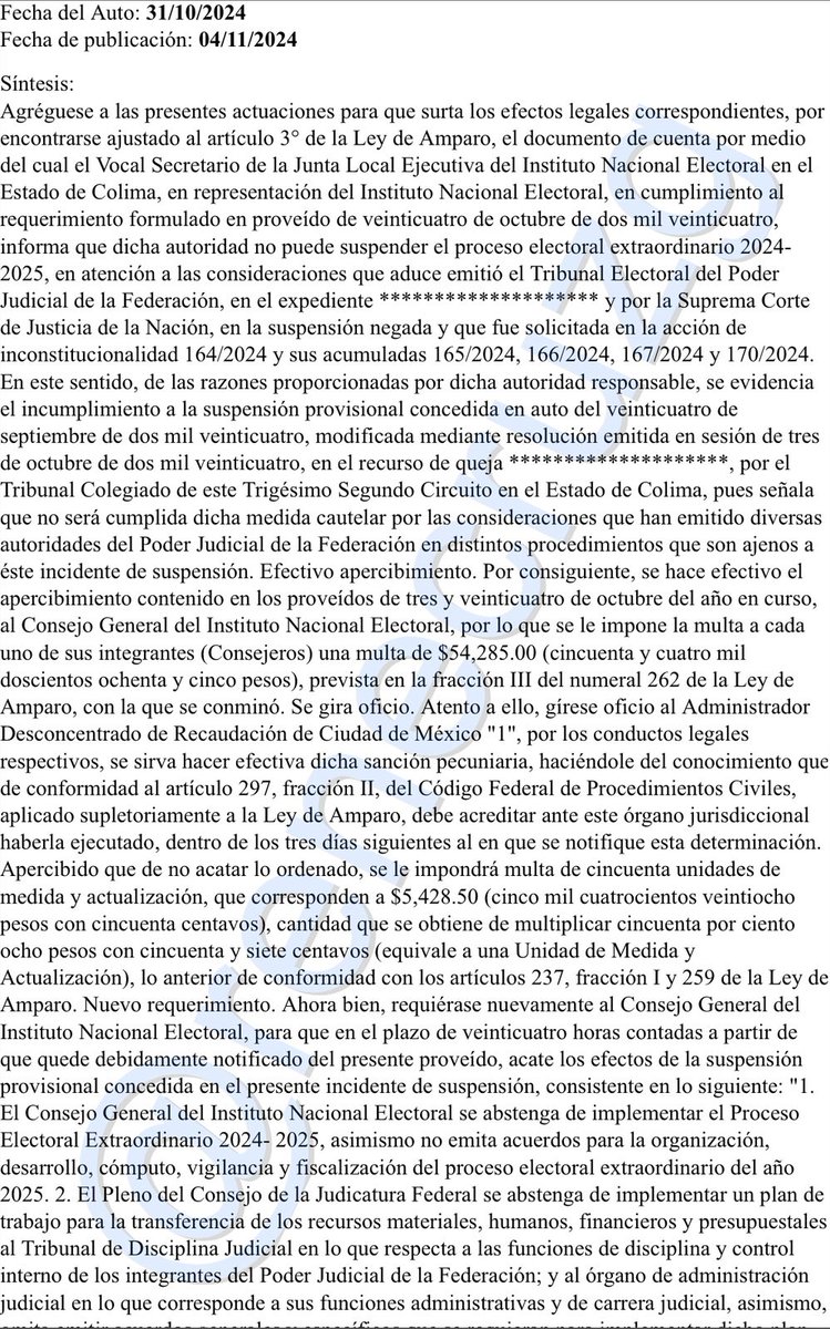 🚨Un juez federal le impuso una multa de más de 54 mil pesos a las consejeras y consejeros del <a href="/INEMexico/">@INEMexico</a> por desacatar la suspensión que le ordenó frenar la elección judicial