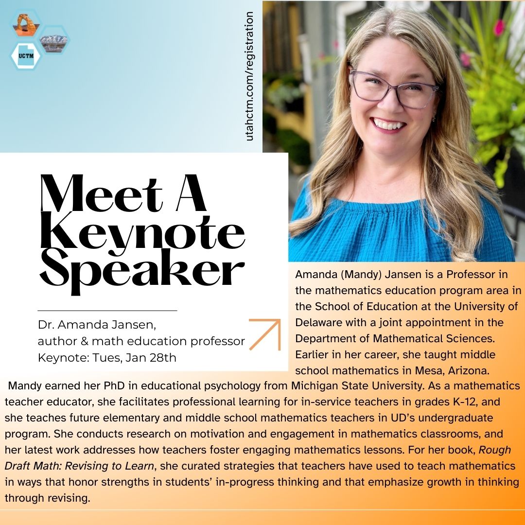 UCTM_math's tweet photo. ๐ Exciting News! ๐ We are thrilled to introduce one of our keynote speakers!
Donโt miss the chance to hear from this dynamic leader in education! Register for the conference using the link in the bio!
#Mathing UtahEducators#UCTM https://t.co/qhLsjzn708
