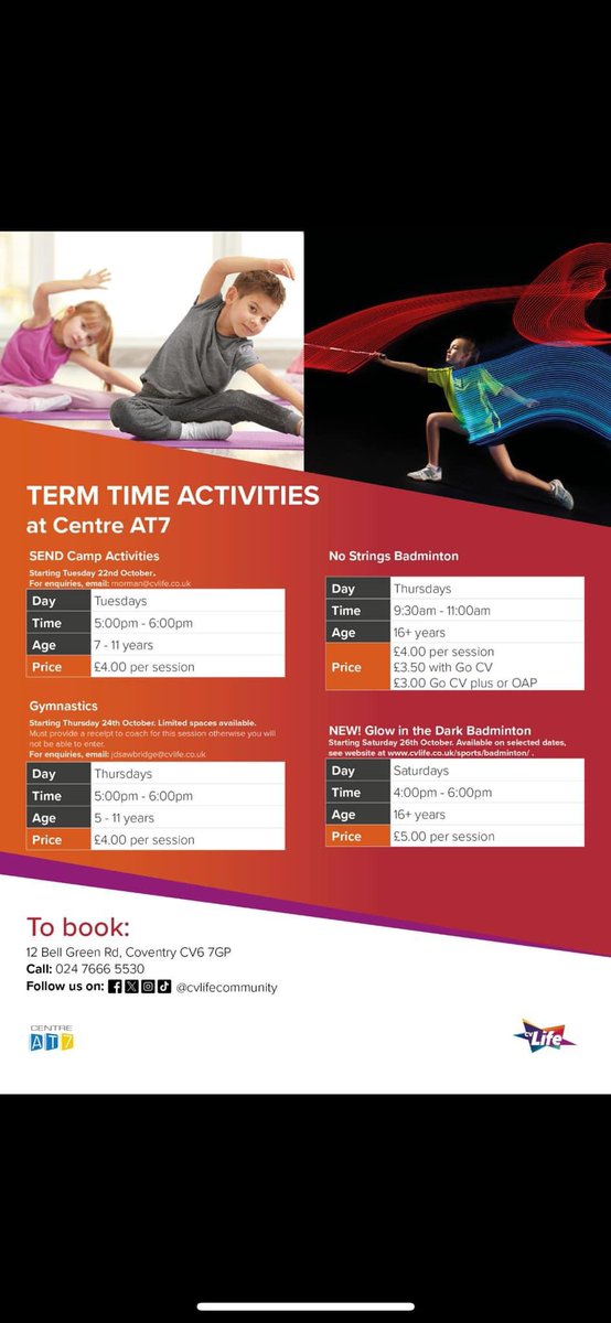 🚨 CENTRE AT7 In Centre Activities🚨

SEND CAMP 🎉- Every Tuesday 5-6pm
Badminton 🏸 - Every Thursday 9:30-11:00am
Gymnastics 🤸‍♀️ - Every Tuesday 5-6pm 
Glow in the dark badminton 🏸 - Every Saturday 4-6pm 
Cycling lessons 🚴 - Every Tuesday 4-6pm (follow the below info)