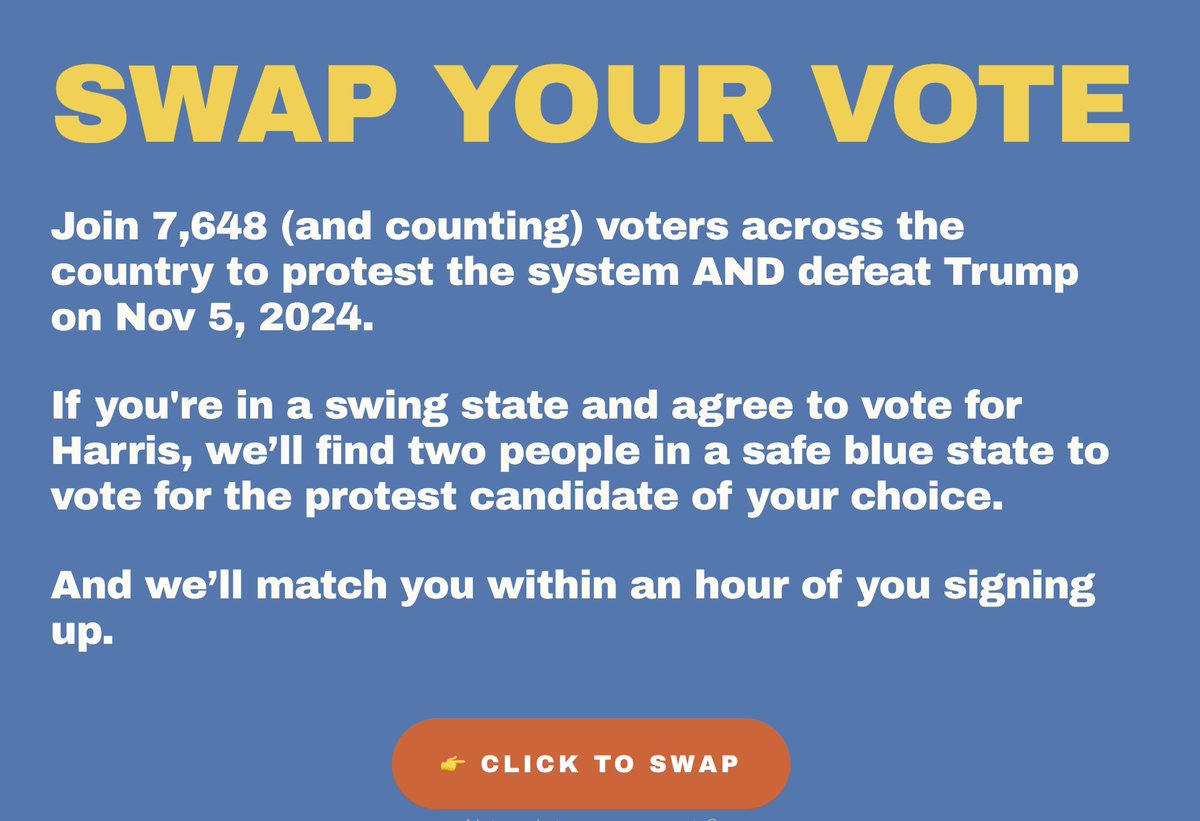 The electoral college is broken. But there's a cool trick that lets you vote your conscience WITHOUT helping Trump win: Vote swapping. It takes <1min and can actually make a difference. 🧵

swapyourvote.org