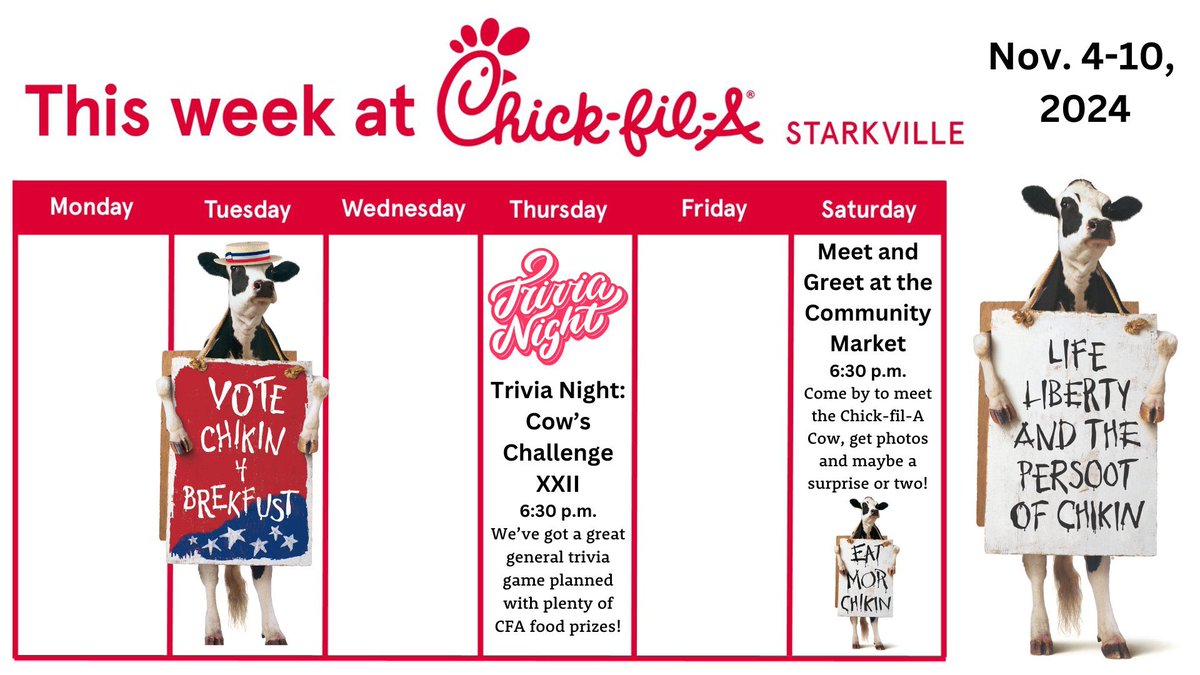 Here is our weekly calendar for the first week of November! We will be having another round of General Trivia on Thursday and a meet and greet at the community market on Saturday!🤩