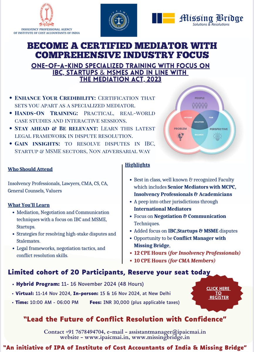 Mediation Training with a difference… Hybrid / 48 hours/ with a focus on IBC/ Startups/MSME’s.

Try it out 🙏🙏🤝🤝