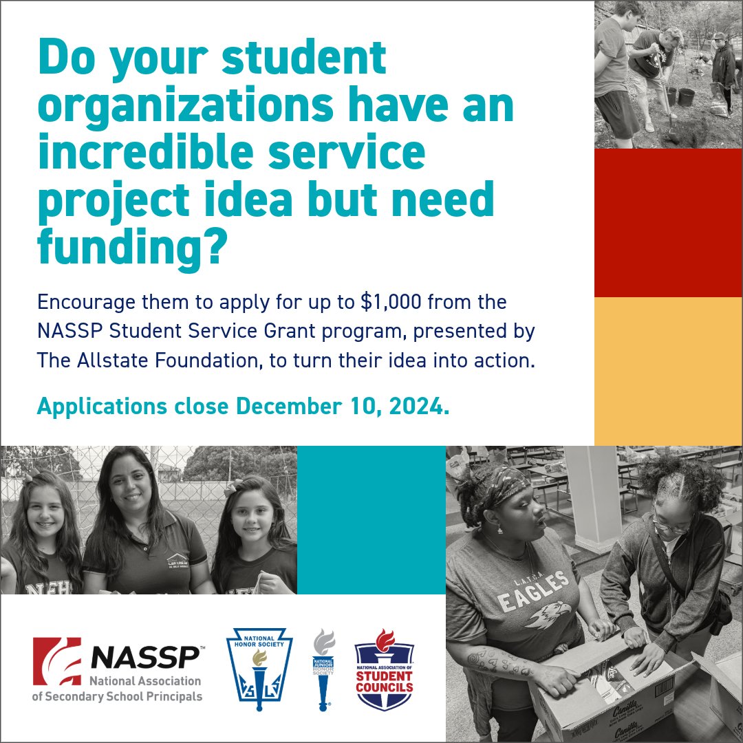 WeAreNPA's tweet photo. NASSP Advisors & Principals, empower your students to lead with the NASSP Student Service Grant, presented by #TheAllstateFoundation. Up to $1,000 available for impactful service projects. Learn More: https://t.co/TkCe76vFvP
#StudentService #NASSP https://t.co/29vUjpBC1t