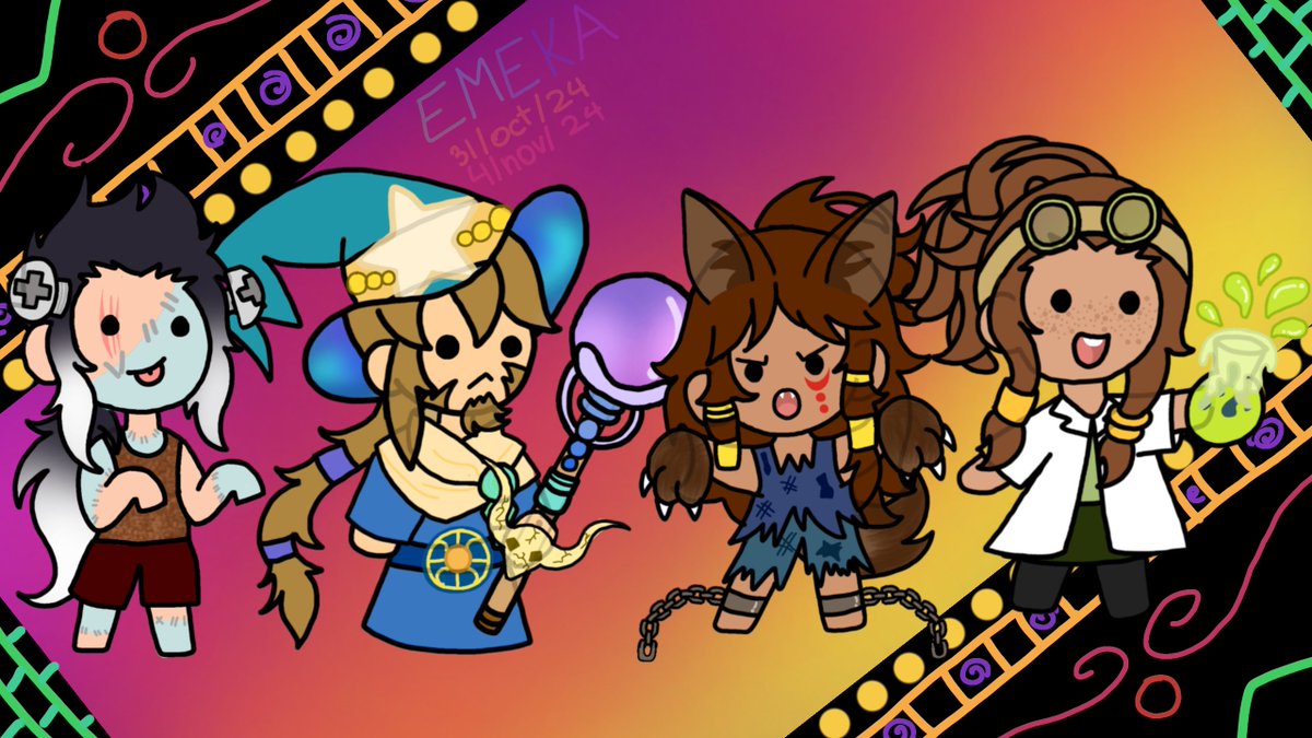 EmekaAlhue's tweet photo. 🎃¡ Feliz Halloween! 🎃(atrasado 😥)

Protagonizado por Lewin💀,  Roger 🔮, Ezra 🐺 y Fae 🧪

#Halloween #fanart #digitalart #ocs #EmekaOCS https://t.co/PT9wMKxoJo