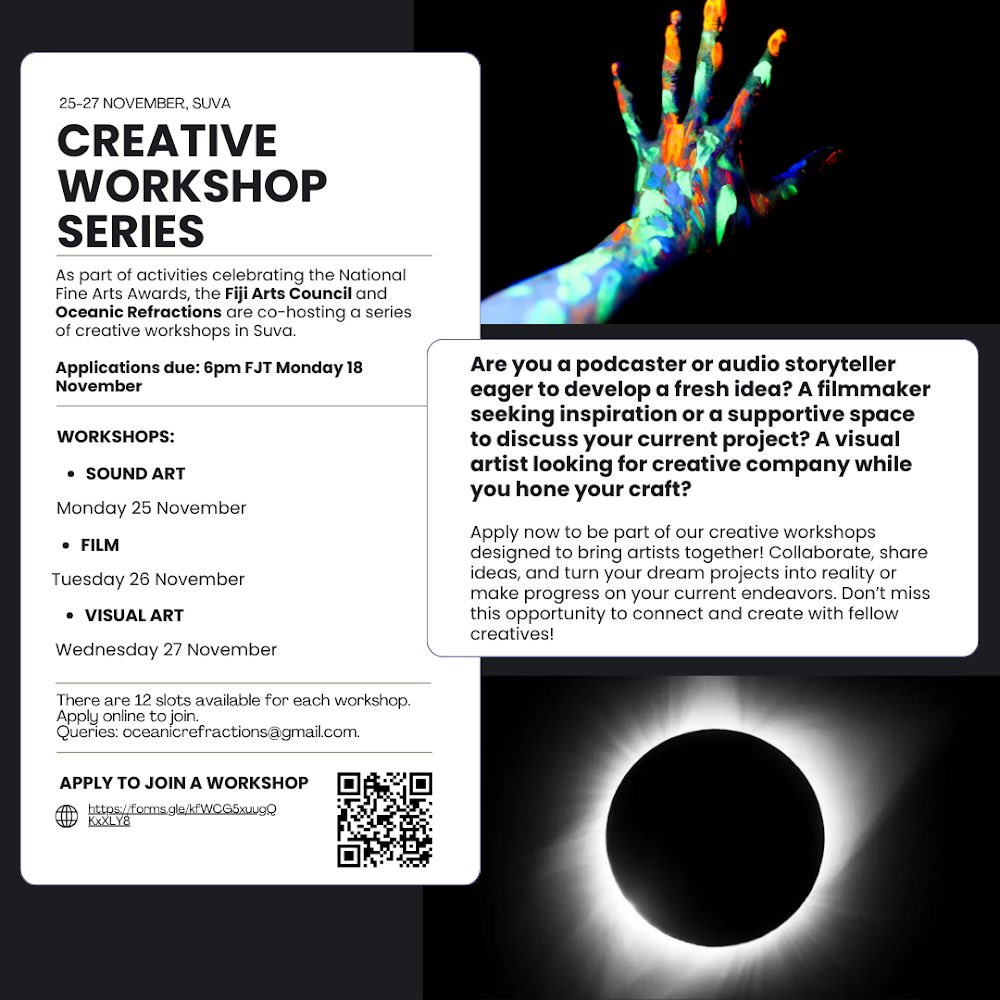 MNailatikau's tweet photo. Sound artists and podcasters: join @geotransversals, @joseph_kamaru, and me on Mon 25 Nov at the SOUND ART workshop in Suva 🇫🇯 - part of a 3-day CREATIVE WORKSHOP SERIES. 🔊🎥🎨

Apply to join by Mon 18 Nov: https://t.co/s0cvlDgXAk https://t.co/rmx3s20pgM