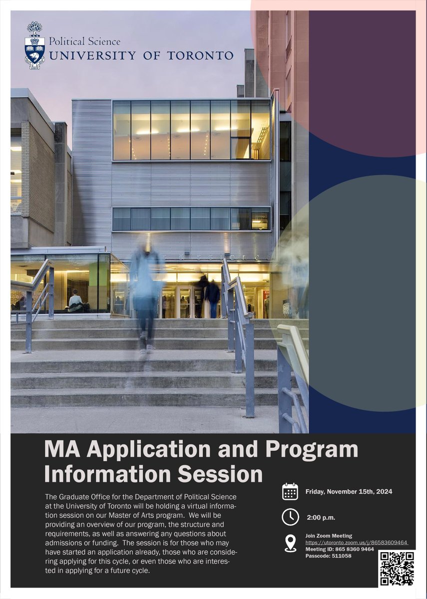 Political Science (@uoft_polsci) on Twitter photo Interested in pursuing an MA <a href="/UofT_PolSci/">Political Science</a>? Attend our upcoming virtual info session on November 15th when all your program, admissions, funding and other questions will be answered! Zoom: utoronto.zoom.us/j/86583609464 |ID: 865 8360 9464|Passcode: 511058 Interested in pursuing an MA <a href="/UofT_PolSci/">Political Science</a>? Attend our upcoming virtual info session on November 15th when all your program, admissions, funding and other questions will be answered! Zoom: utoronto.zoom.us/j/86583609464 |ID: 865 8360 9464|Passcode: 511058