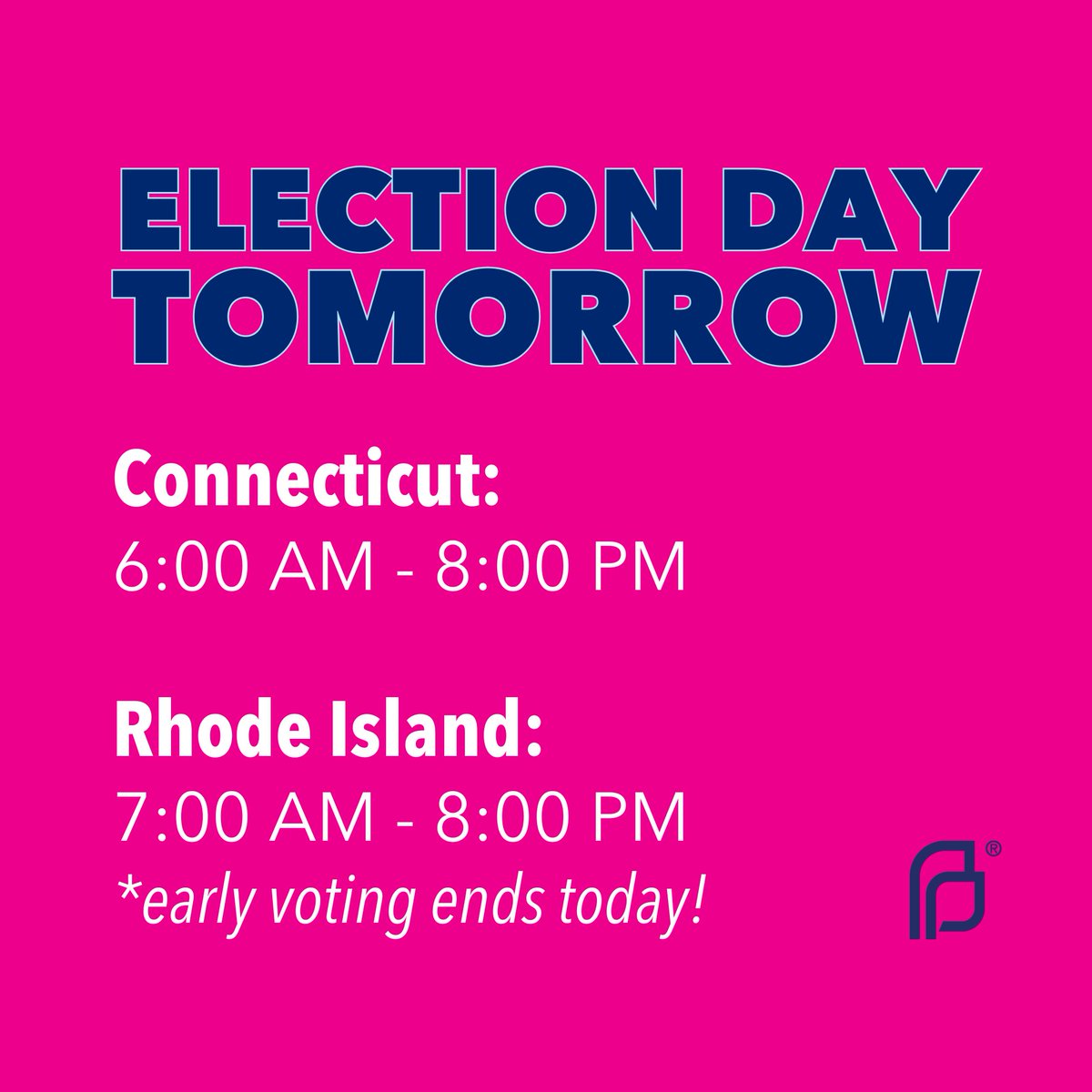 Election Day is tomorrow! Polls are open in CT from 6 AM-8 PM and in RI from 7 AM-8 PM. Today is also the last day for early voting in RI, hours vary by polling place. 🗳️ 

For more voting info visit ppsne.org/vote. #Vote #Vote2024 #VoteRI #VoteCT #PPSNE