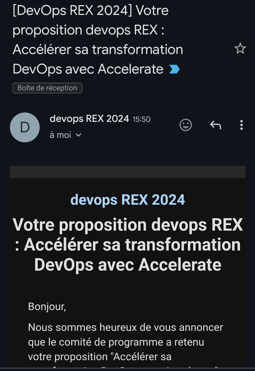 Wouhouuuuuuuuuu ! 
Qui c'est qu'est retenu à <a href="/devopsREX/">devops REX</a> les 4 et 5 décembre ? C'est moiiiiii ! RHA la consécration 🤩🤩🤩
Bon vous l'aurez compris ... Je parlerai de #devops et de <a href="/doradotdev/">DORA</a> #accelerate pour partager mon expérience :)