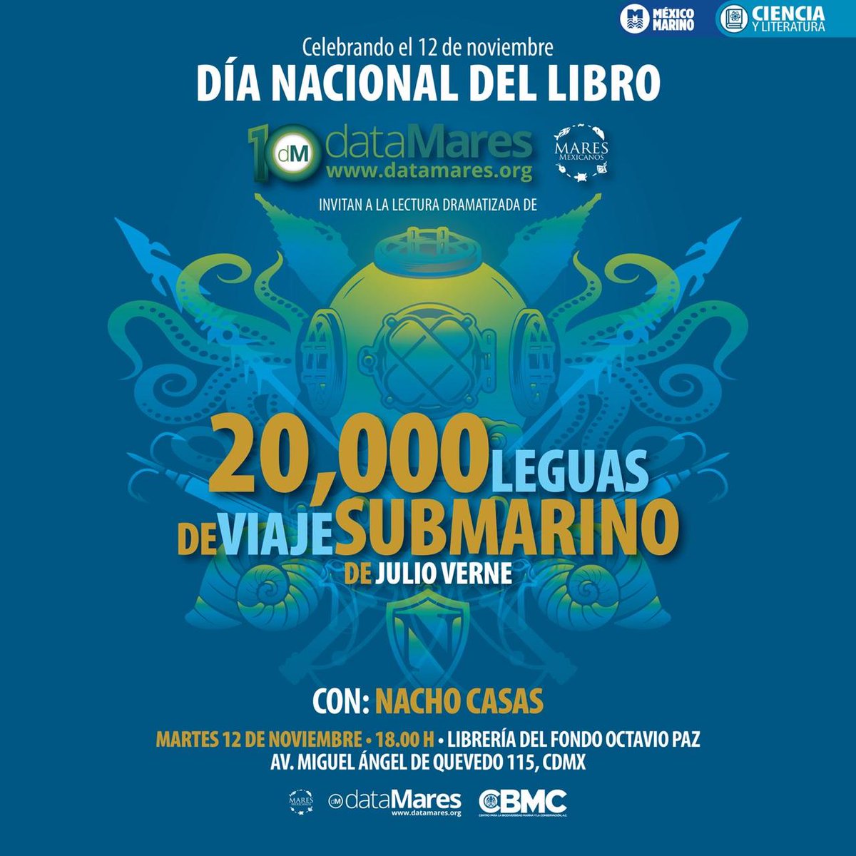 dataMares (@datamares) on Twitter photo 📚 #DíaNacionaldelLibro
#dataMares y <a href="/maresmexicanos/">maresmexicanos</a> invitan a la lectura dramatizada de 20,000 Leguas de Viaje Submarino de #JulioVerne.
🗓️ martes 12 de noviembre
⏰18.00 h.
📍Librería del Fondo, Octavio Paz,
Ave. Miguel Ángel de Quevedo 115, #CDMX 📚 #DíaNacionaldelLibro
#dataMares y <a href="/maresmexicanos/">maresmexicanos</a> invitan a la lectura dramatizada de 20,000 Leguas de Viaje Submarino de #JulioVerne.
🗓️ martes 12 de noviembre
⏰18.00 h.
📍Librería del Fondo, Octavio Paz,
Ave. Miguel Ángel de Quevedo 115, #CDMX