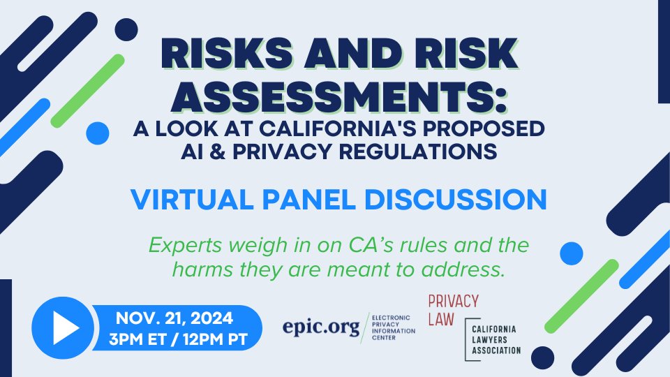 EPIC (@epicprivacy) on Twitter photo .<a href="/CalPrivacy/">California Privacy Protection Agency</a> is expected to vote out new proposed regulations on ADMT, risk assessments & cybersecurity audits on 11/8. Join <a href="/EPICprivacy/">EPIC</a> and <a href="/CALawyersOrg/">California Lawyers Association</a> on 11/21 to hear from an expert panel about these regulations and the rulemaking process. Register:
epic.zoom.us/webinar/regist… .<a href="/CalPrivacy/">California Privacy Protection Agency</a> is expected to vote out new proposed regulations on ADMT, risk assessments & cybersecurity audits on 11/8. Join <a href="/EPICprivacy/">EPIC</a> and <a href="/CALawyersOrg/">California Lawyers Association</a> on 11/21 to hear from an expert panel about these regulations and the rulemaking process. Register:
epic.zoom.us/webinar/regist…