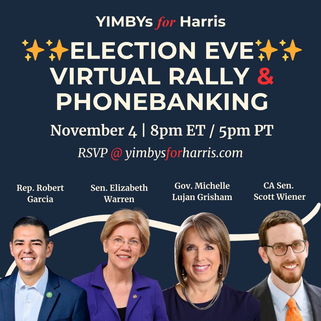 TONIGHT -- a final phonebanking push to GOTV!  We're rallying with a special message from Sen Warren &amp; all-new housing themed interviews with Gov Lujan Grisham, Rep Garcia &amp; CA Sen Wiener, then we'll hit the phones for #HarrisWalz2024!