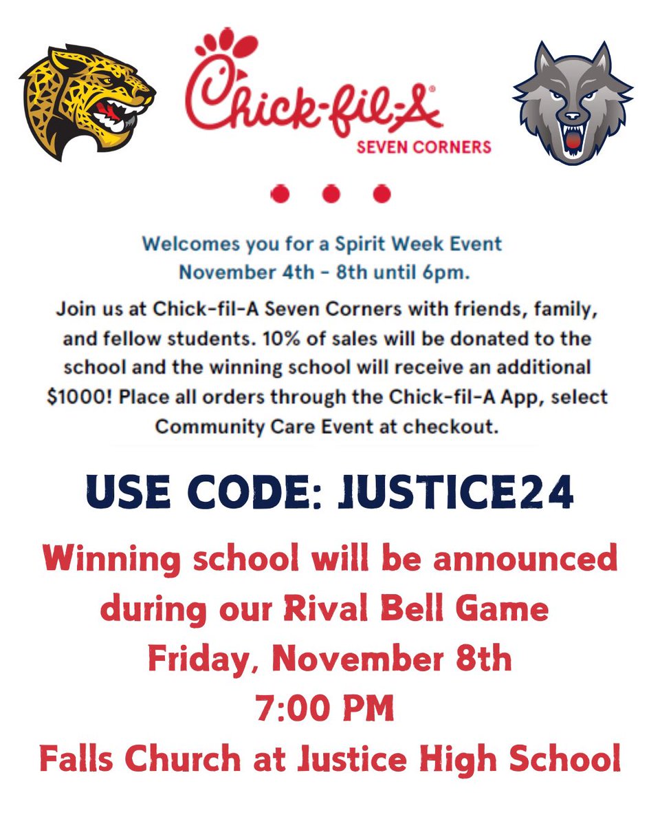 Starting today, Justice HS is taking on Falls Church HS in the Battle of Chick-fil-a! Head to CFA in Seven Corners and use code Justice24. The school with the most food bought will receive 10% of sales and a $1000 check!
