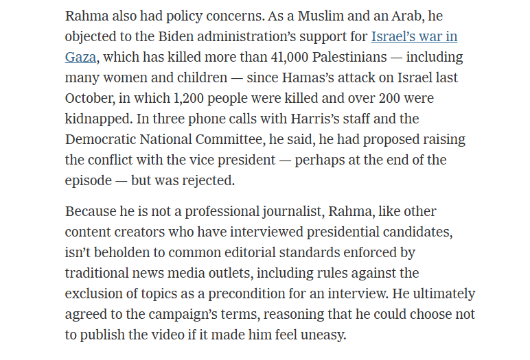 MattWolking's tweet photo. This story is so cringe...

Kamala Harris filmed an interview for "Subway Takes," but it never aired. Why?

Her campaign pre-approved the topics, rejecting a question the Muslim host, Rahma, wanted to ask about Gaza.

He interviewed her anyway, but the take she delivered was that "bacon is a spice." Offended, he paused the interview and asked her to give a different take. 

"On the advice of a staffer, Harris decides to declare her love of anchovies on pizza." Rahma ended the interview there.

"They made it worse by talking about anchovies," said Rahma. "Boring!"
https://t.co/Y5TH1LWcBs
