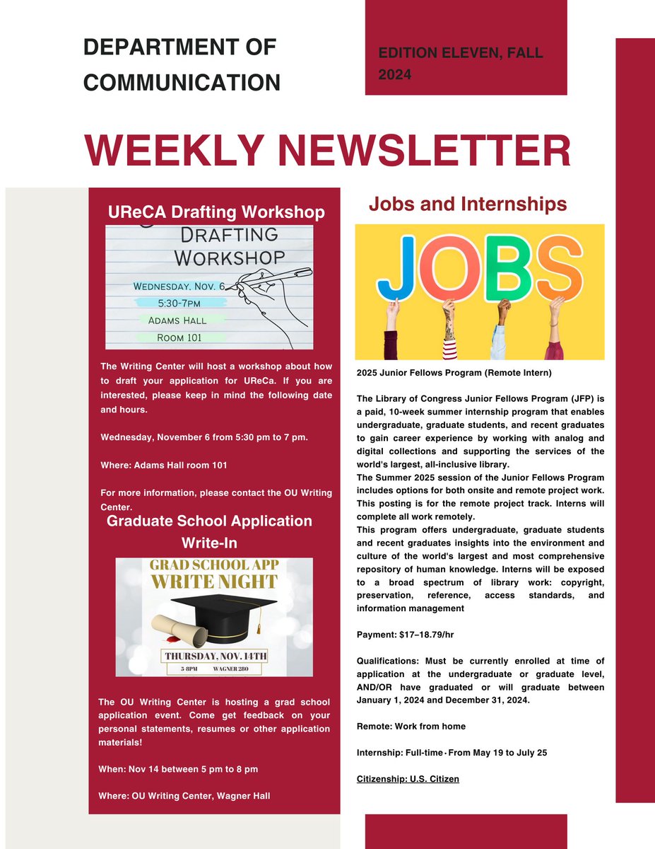 Welcome to a new week! This Communication Dept newsletter includes lots of great opportunities for everyone!