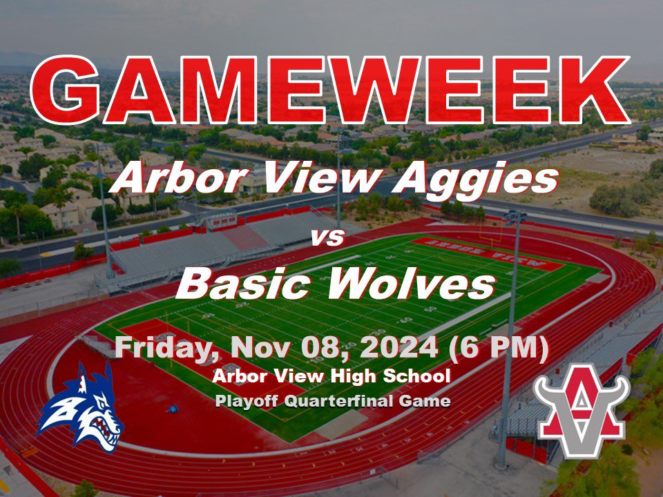 Gameweek- Arbor View hosts the Basic Wolves in first round of playoffs. Varsity kickoff is Fri, Nov 08 at 6pm at “The View.” Come out and support your Aggies.
#USvsUs
#FearTheHorns
#BringTheNoise
#ProtectThisHouse