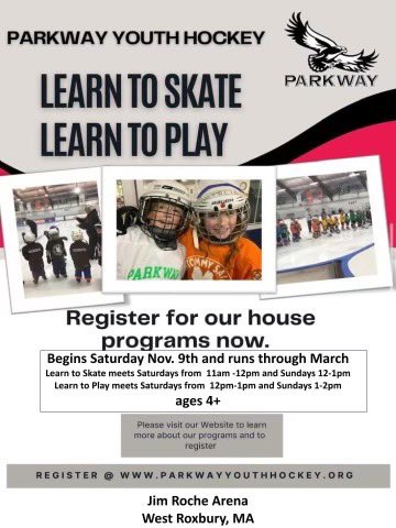 Don’t miss out sign up today!
Learn to Skate and Learn to play start this coming Saturday 11/9/24. There are still some spots available. 
parkwayyouthhockey.org/register