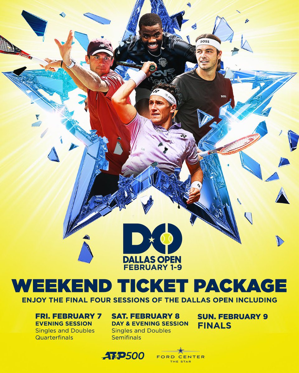The Star In Frisco (@thestarinfrisco) on Twitter photo Want to see Taylor Fritz, Tommy Paul, Casper Ruud and Frances Tiafoe play live at the 2025 <a href="/DALOpenTennis/">Dallas Open</a>?! Secure your weekend ticket packages NOW for a tennis experience you won’t want to miss at #TheStarInFrisco. 🎾
In this package, attendees will receive tickets to the final Want to see Taylor Fritz, Tommy Paul, Casper Ruud and Frances Tiafoe play live at the 2025 <a href="/DALOpenTennis/">Dallas Open</a>?! Secure your weekend ticket packages NOW for a tennis experience you won’t want to miss at #TheStarInFrisco. 🎾
In this package, attendees will receive tickets to the final
