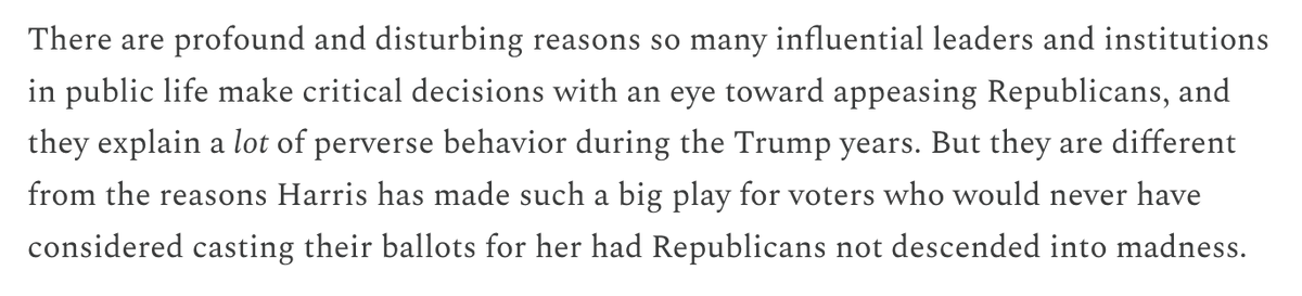 brianbeutler's tweet photo. There's a difference between building a big tent (by appealing across an ideological divide to people of good faith) and burnishing credibility (by appeasing people of bad faith across the same divide). Harris has done the former, news outlets the latter. Follow along below. https://t.co/3lLlonE7DP