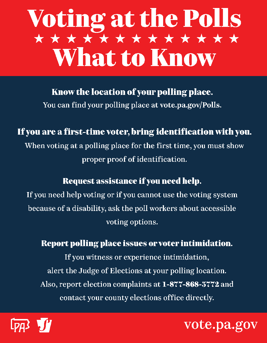 Tomorrow is #ElectionDay. Polls will be open from 7 a.m to 8 p.m.
Are you a first-time voter? Been a while since you’ve voted in person? Follow these steps to ensure a smooth voting experience: vote.pa.gov/AtThePolls 

#ReadyToVotePA