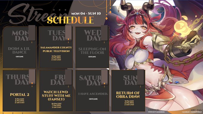 THIS WEEK'S SCHEDULE (NOV 4 - 10) ✨⚔️
? Rnii21
spicy new schedule format uuuuuuuu :3 https://t.co/fJ