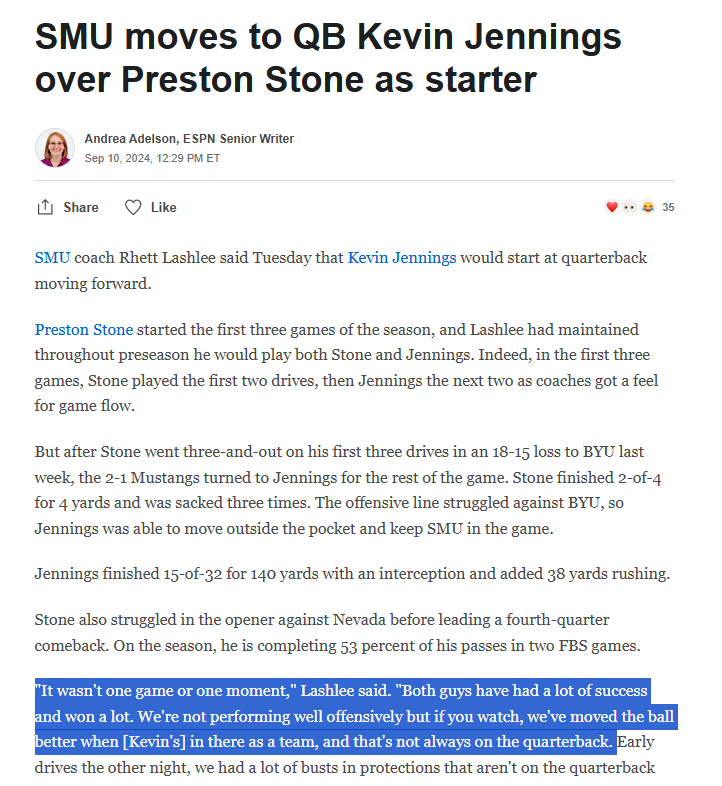 jjfuller72's tweet photo. Some seem tempted to put an "asterisk" on BYU's early-season win over SMU

They shouldn't.

I've seen/heard some people being relatively dismissive of this win because SMU's QB, Kevin Jennings, wasn't "the starter" in that game and the Mustangs have since "made a QB change."

First off, Jennings got ~90% of the snaps vs BYU & had 32 pass attempts compared to Stone's 4 attempts. Stone was only in for 2 drives (both "3-and-outs")

Secondly, Jennings wasn't coming in as a green backup and essentially entered the season (and definitely the BYU game) as a "co-starter" where Coach Lashlee was rotating each of them every two series.  I recall hearing on the broadcast that both QBs were getting equal reps with the 1st team in practices and throughout the off-season.

Third, Jennings is in his third season with SMU & finished last season as the starter.  He finished the last 3 Quarters vs Navy after Stone's injury and subsequently started in/won the AAC Championship game over Willie Fritz's Tulane squad.  Thereafter, he got all the practice and game time related to their Bowl game and got first team reps throughout spring practices while Stone rehabilitated

Fourth, BYU won vs some tough odds.  The Cougs were 13 point underdogs.  SMU had two games under their belt (they played in Week 0) compared to only 1 for BYU.  SMU hadn't lost at home since the middle of the 2022 season and haven't lost at all since.  The Mustangs have averaged scoring in the mid 50s at home through the last 2 years, yet they never reached the end zone vs BYU and scored only 15 points (& even that required 2 FGs over 52 yards in length)

Lastly, while Jennings has "rounded into form" through the season, the exact same thing can be said of BYU's QB Retzlaff, who went into that game vs SMU 0-4 vs FBS opponents and had less in-game experience and a year less within the program/system than Jennings.  Retzlaff also didn't have a great game, throwing 2 INTs and losing a fumble en route to a QBR of only 33.2.  In fact, all three QBs (Retzlaff, Stone, and Jennings) had sub-par performances, but great defenses can have that effect even on great QBs.

Retzlaff has made greater strides/progress since that game than Jennings has, so the "new starting QB" argument doesn't work at all to minimize BYU's win in Dallas.