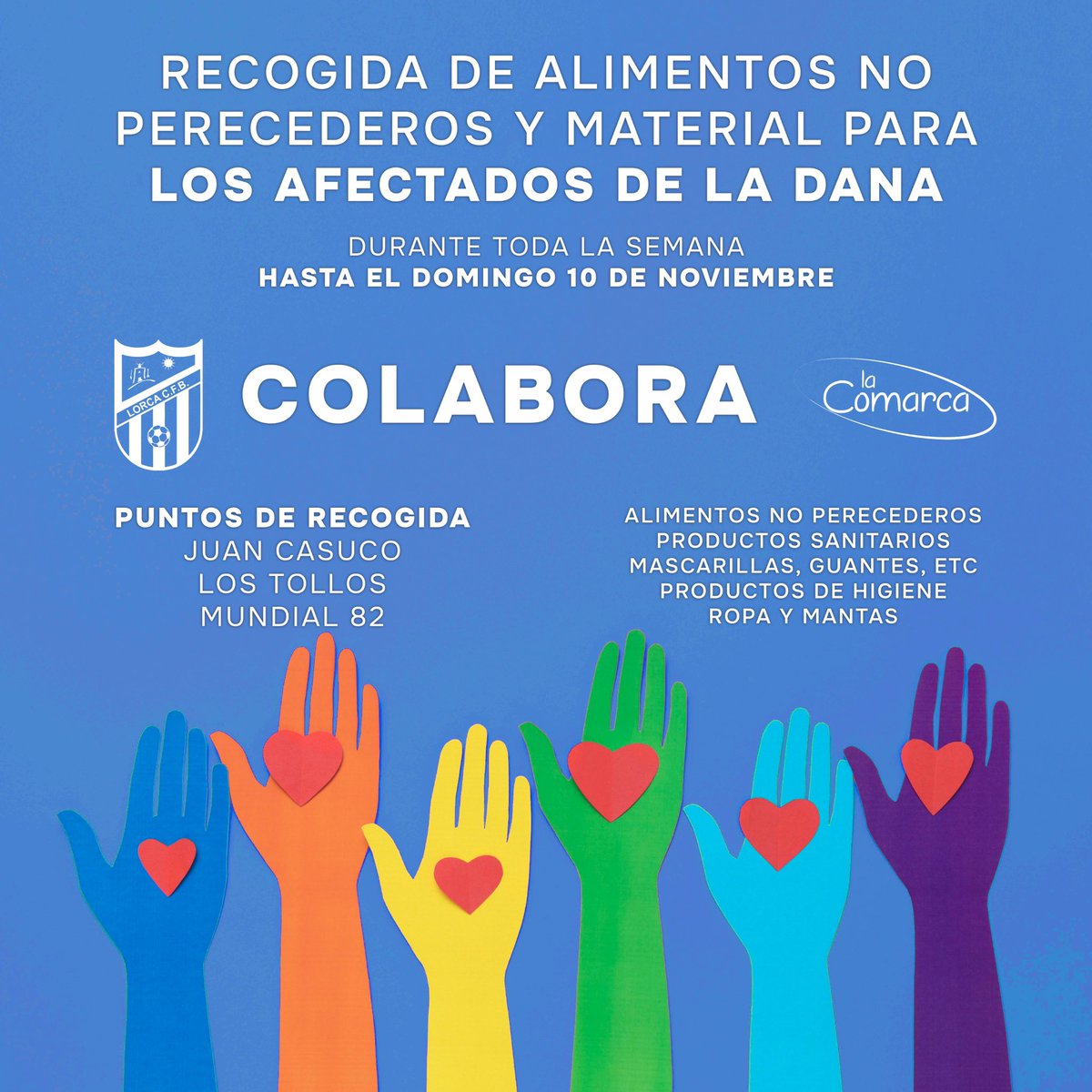 COLABORA 🤝🏼

Desde el Lorca CFB lanzamos una campaña, junto con <a href="/CarnesLaComarca/">La Comarca</a> , para solidarizarnos con los afectados de la DANA.

Hasta el próximo 10 de noviembre, puedes depositar tu ayuda en las sedes habilitadas.

Ahora más que nunca, contamos contigo.