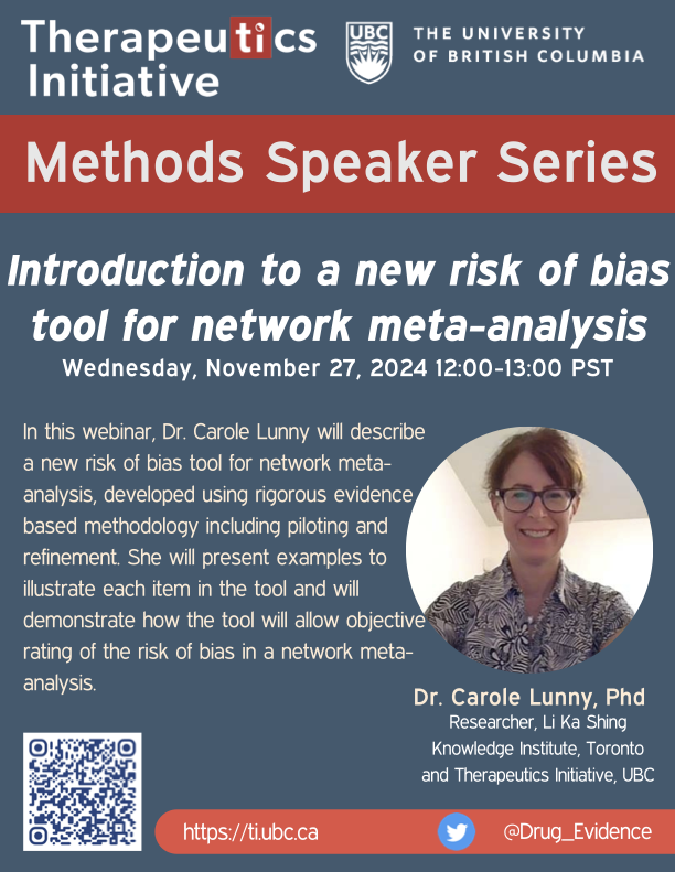 Drug_Evidence's tweet photo. 🚨Meta-analysts, don't miss our next #ResearchMethods webinar! 😍

Dr. Carole Lunny @carolelunny shares a new #RiskofBias tool for network meta-analysis

Register now: https://t.co/cWLxcLZ1WY

#systematicreviews #metaanalysis https://t.co/tRTJCHBh4s