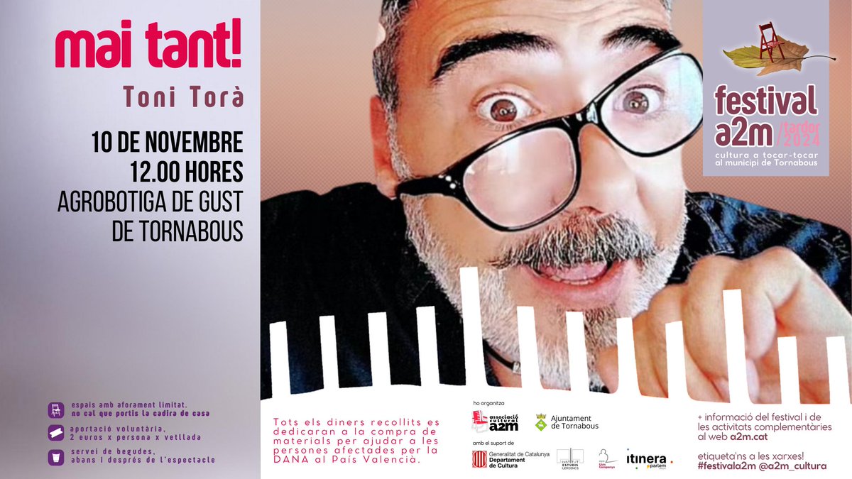 📅 10N / 12:00 h
📍 Agrobotiga De Gust, #Tornabous
🍂 Tercera proposta del #festivala2m /tardor24 amb <a href="/ToniTor1/">Toni Torà</a> i el monòleg Mai Tant! 
💶 Aportació voluntària: 2 €, destinats a les afectades per la #DANA al #PaísValencià.
No marxis sense tastar les melmelades i licors artesans!