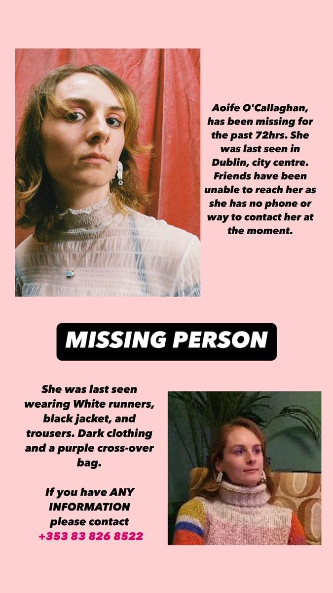 ⚠️ Missing Person ⚠️ NCAD graduate Aoife O'Callaghan has been missing for the past 72 hours. She was last seen in Phoenix Park, Dublin, on Halloween. If you have any information, please contact +353 83 826 8522.
📲 shorturl.at/a69Ug
#MissingPerson