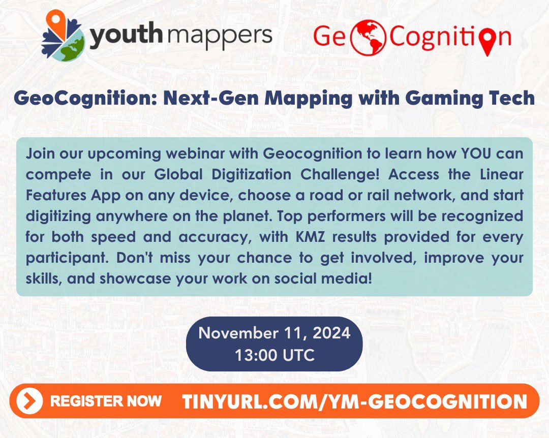🌍 Join our webinar with GeoCognition to learn how YOU can compete in the Global Digitization Challenge! Digitize roads and rail networks anywhere with the Linear Features App &amp; showcase your skills! 🏆

📅 11 Nov 2024 @ 13:00 UTC
🔗 Register now: tinyurl.com/YM-GeoCognition