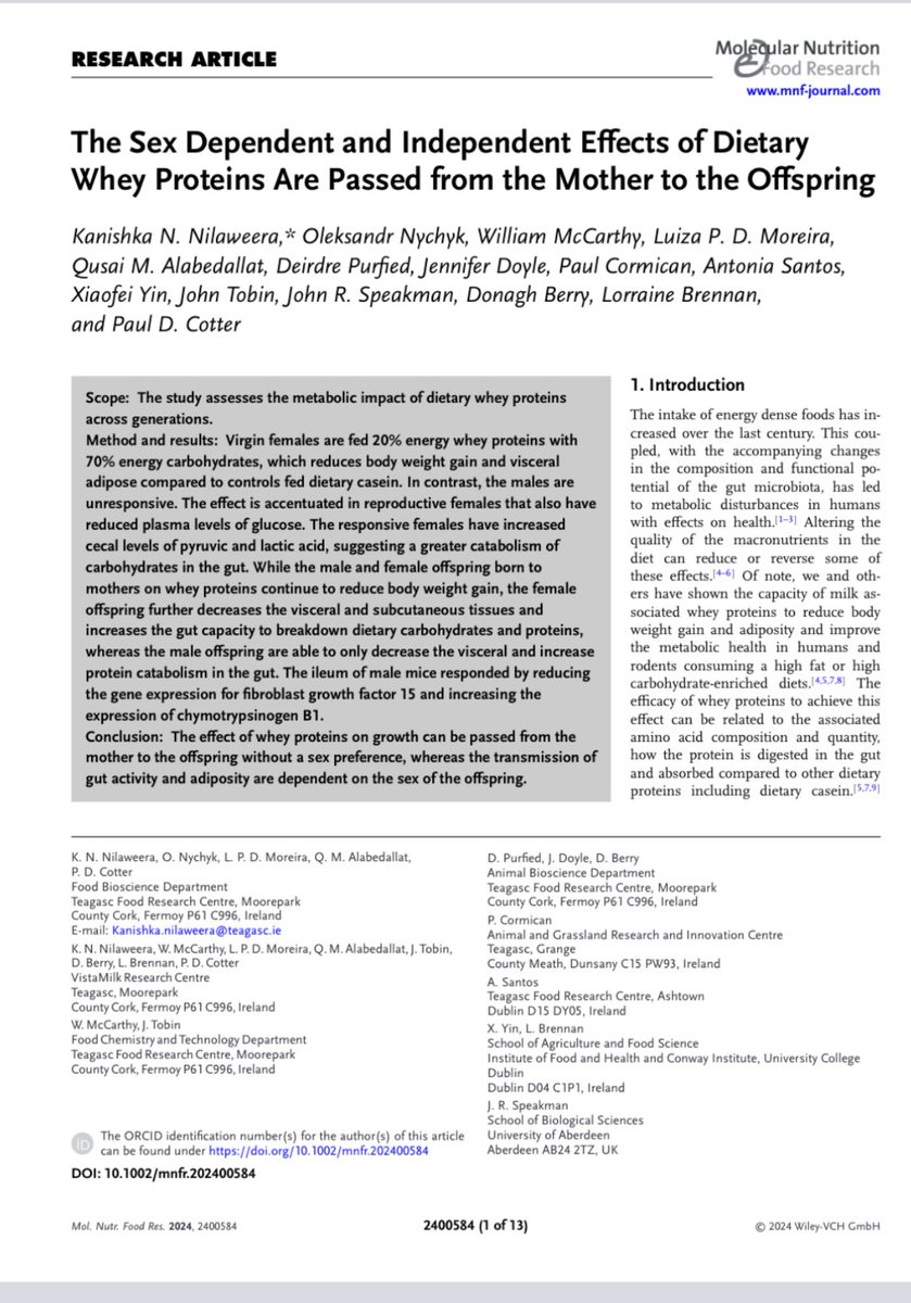 Paul Cotter (@pauldcotter) on Twitter photo Newly published study led by Kanishka Nilaweera “The Sex Dependent and Independent Effects of Dietary Whey Proteins Are Passed from the Mother to the Offspring” onlinelibrary.wiley.com/doi/epdf/10.10…
<a href="/teagasc/">Teagasc</a> <a href="/TeagascFood/">Teagasc Food Research Programme</a> <a href="/VistaMilk/">VistaMilk Research Ireland Centre</a> Newly published study led by Kanishka Nilaweera “The Sex Dependent and Independent Effects of Dietary Whey Proteins Are Passed from the Mother to the Offspring” onlinelibrary.wiley.com/doi/epdf/10.10…
<a href="/teagasc/">Teagasc</a> <a href="/TeagascFood/">Teagasc Food Research Programme</a> <a href="/VistaMilk/">VistaMilk Research Ireland Centre</a>