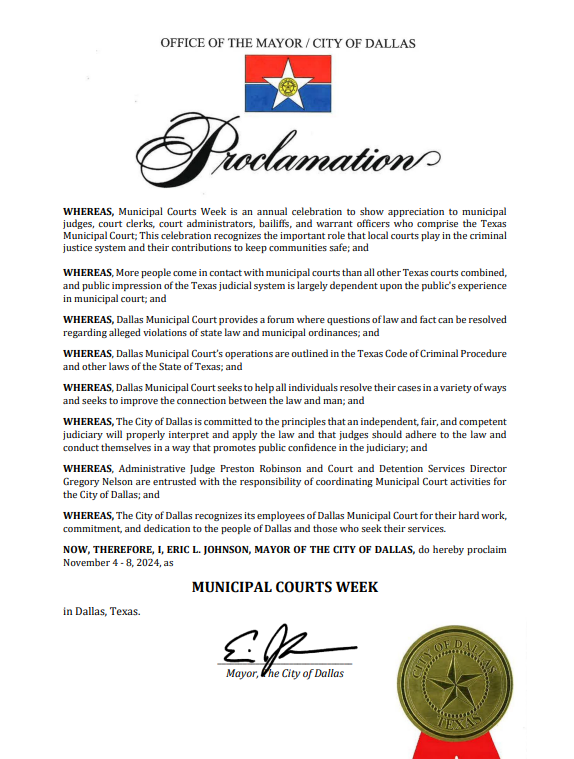 DallasMayor's tweet photo. Today marks the beginning of #MunicipalCourtsWeek! This week, we recognize the judges, clerks, administrators, bailiffs, and warrant officers who work tirelessly to uphold justice and keep our community safe. Thank you for your dedication and commitment to Dallas. https://t.co/681i5gC7WC