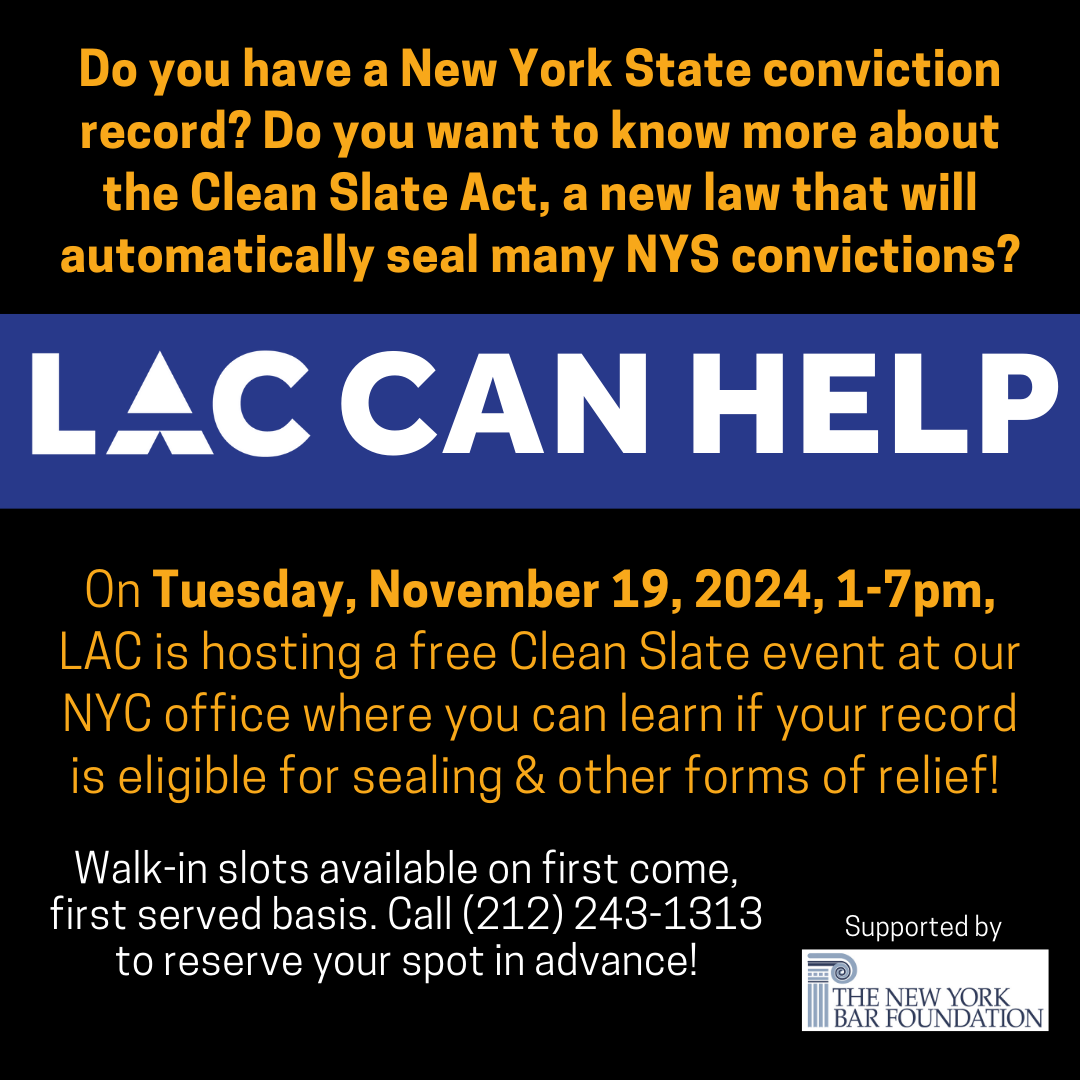 ATTN NEW YORKERS - FREE CLEAN SLATE EVENT HOSTED BY LAC HAPPENING TOMORROW!!! Please share widely!!! <a href="/nybarfoundation/">The New York Bar Foundation</a> <a href="/cleanslateny/">Clean Slate NY</a> <a href="/CleanSlate_Init/">The Clean Slate Initiative</a> #cleanslateny