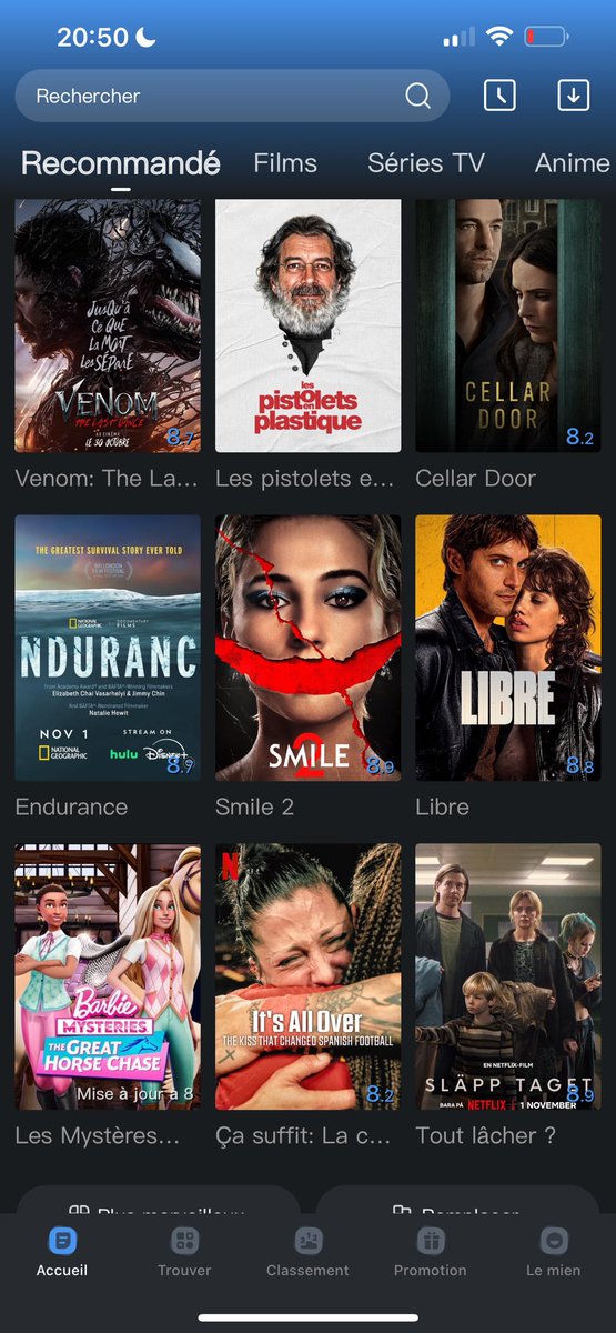 Petit plavon
Branchez-vous « univer note»
Tous les films qui sortent en ciné sont sur l’appli en VF (SMILE 2 , TRAP, venom…..)