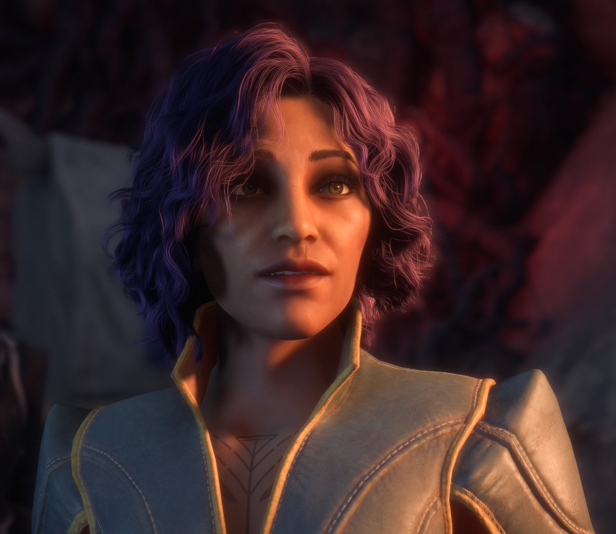 I've been really enjoying Dragon Age The Veilguard! Here's my melee mage Rook. I love her and her purple hair very much.