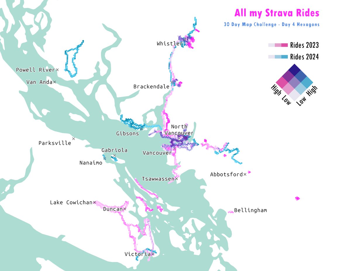 Day 4: Hexagons. Revising a #30DayMapChallenge favourite of mine ~ mapping my <a href="/Strava/">Strava</a>  data 🚵‍♀️ This year I used bivariate symbology to highlight where I bike the most year over year! #bike #surly #hexagons #cartography #datavis