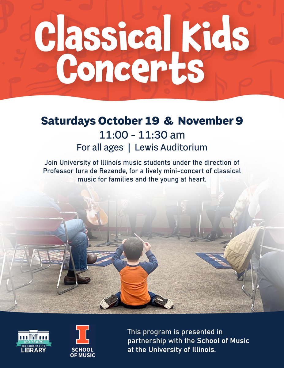 We had a great crowd at the first Classical Kids Concert in October! We’re excited for the second concert on Sat, Nov 9 from 11 - 11:30 am at Lewis Auditorium. Presented in partnership with the Urbana Free Library, join us for another lively, family-friendly performance!