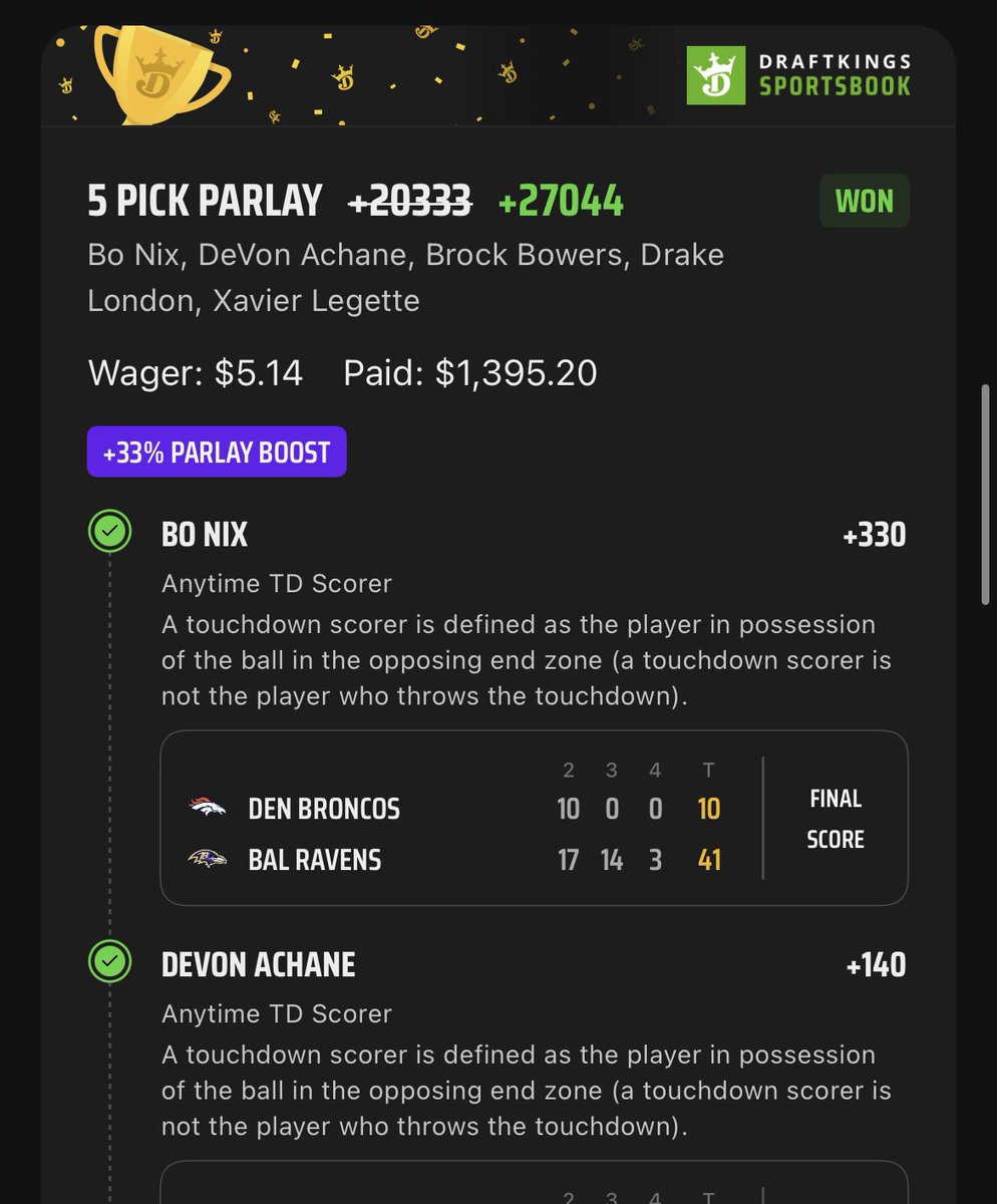 johnpac32's tweet photo. Hey @AdamAAbdalla are we pimping parlays today? Tell @Jurko64 to try the 5 leg anytime TD first. https://t.co/U7E8hjyzaO