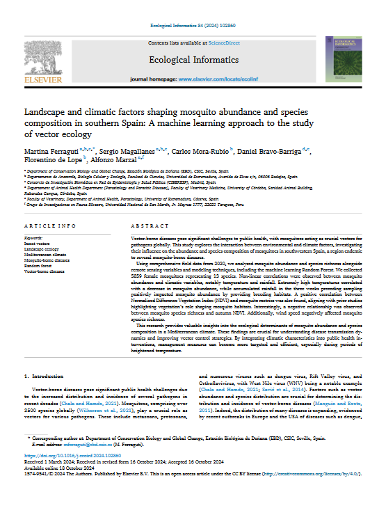 DanielBrav3's tweet photo. 📢Our new research in @ECOLINFORM: Landscape and climate shape mosquito 🦟 abundance in SW Spain 
🌡️🌿🌧️🌬️Findings show rainfall, NDVI, and temperature as key factors, impacting disease transmission risks. 
💻Machine learning models improve vector control. #VectorEcology https://t.co/Z9Aj7ymv4c