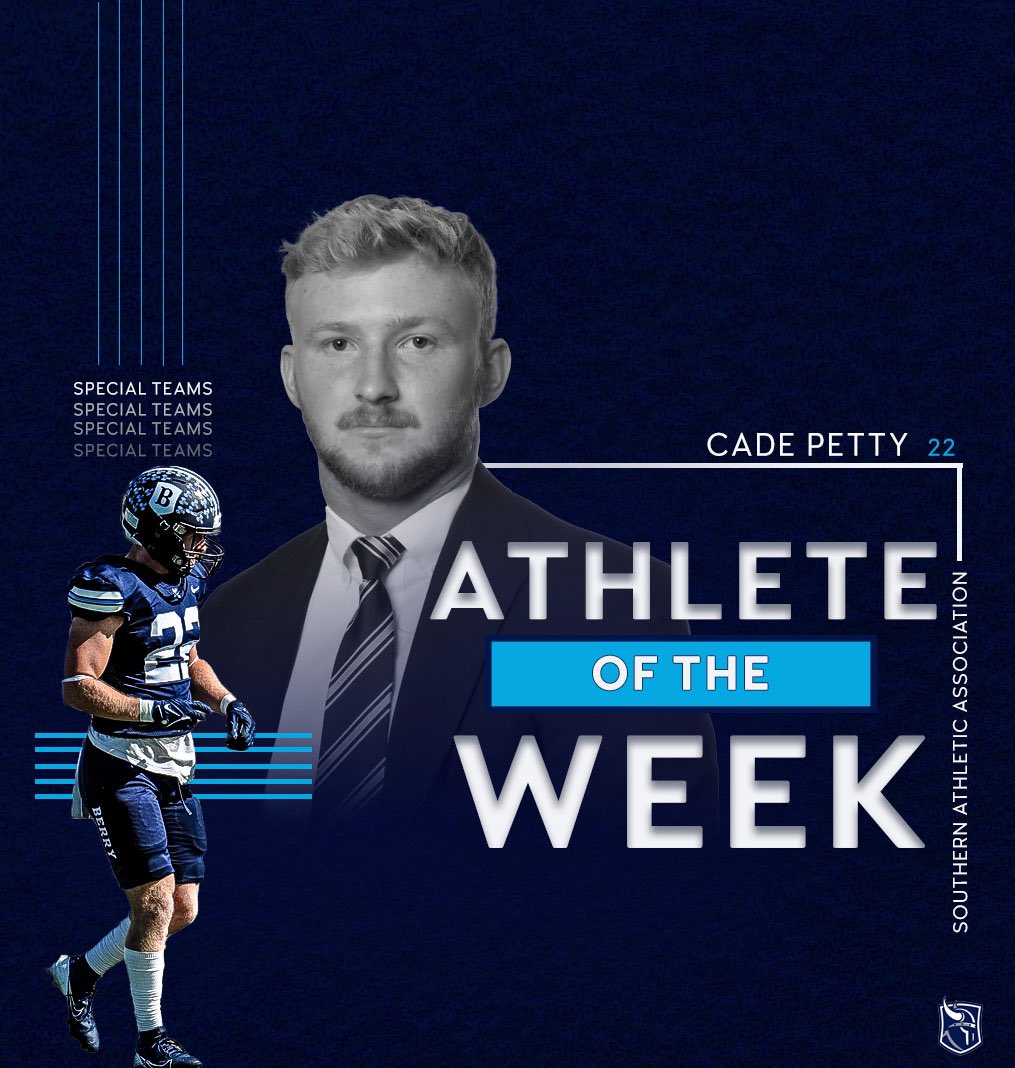 Congratulations are in order for CADE PETTY being named SAA special teams athlete of the week! 🏈🤘

#BUILD #KeepClimbing #BerryFootball #d3fb