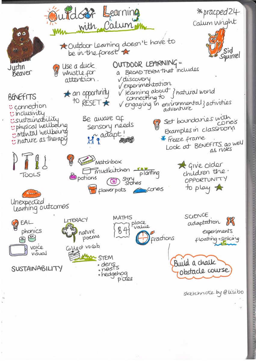 lisibo's tweet photo. @FreshAirTeacher @pracped You were brilliant! Really enjoyed it and between you and @brynll I've got loads of ideas for OutdoorLearningDay on Thursday. Might even start early tomorrow - Y4 would love being let loose with chalk... 🫣 Finished your sketchnote now - Justin is now coloured in. https://t.co/j1DINi1QWB