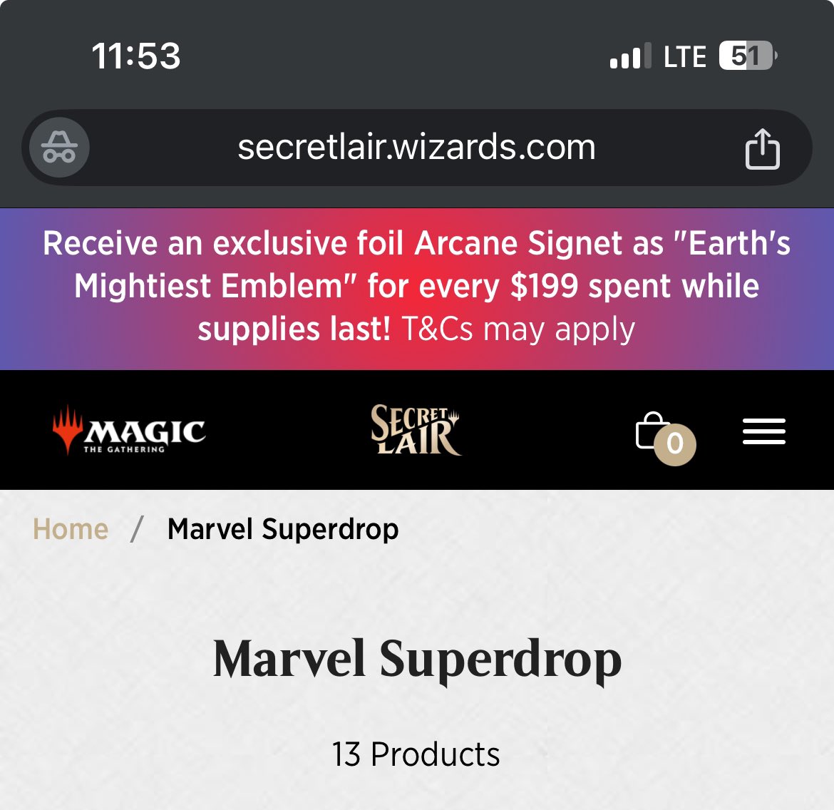 BrotherKyle's tweet photo. @MTGSecretLair And yet your website banner is still up there promoting it, 20 min later, enticing those to spend more, knowing that you don’t have it. https://t.co/lFwdUEOcjD