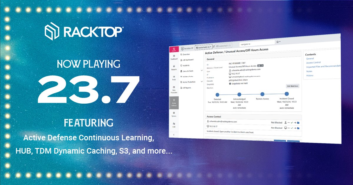 What's new in BrickStor 23.7? Continuous learning with AI-powered Active Defense, fortified High Availability, and expanded SMB/NFS support. Experience dynamic defenses and seamless scalability like never before. Learn more: hubs.li/Q02WSWz50 #Cyberstorage #SecureStorage