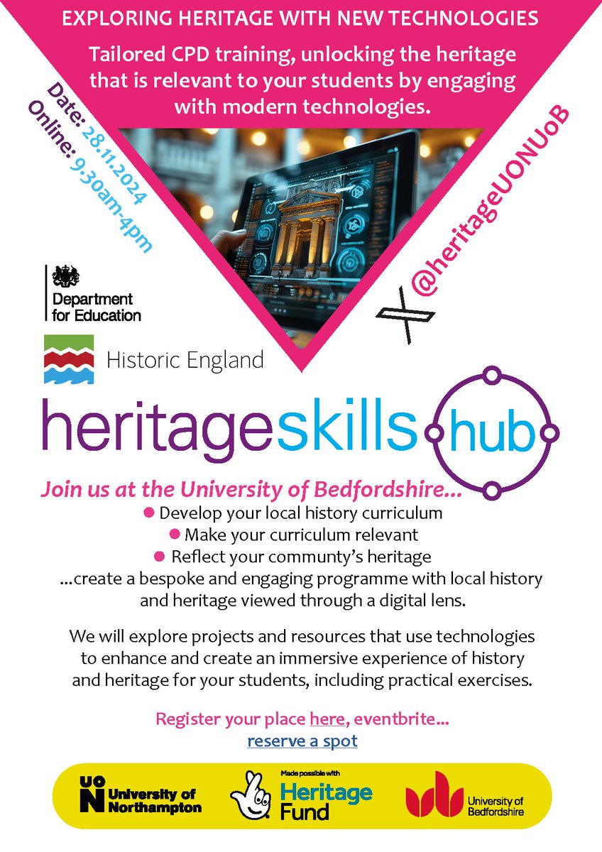 Calling all teachers of Luton, Bedfordshire...in partnership with <a href="/HistoricEngland/">Historic England</a> we are offering a #FREE #CPD session focusing on exploring #Heritage  with new technologies. Register your place here: eventbrite.co.uk/e/exploring-he… made possible with <a href="/HeritageFundM_E/">The National Lottery Heritage Fund Midlands & East</a>  28 Nov.2024