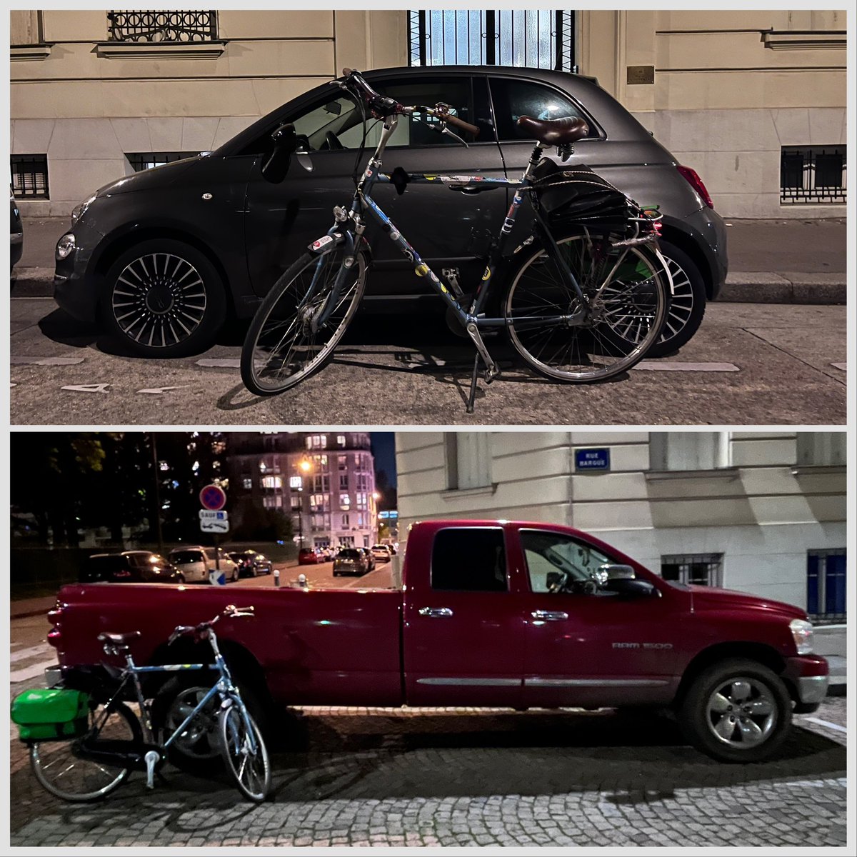 LCyclable's tweet photo. Tous les jours je vois plus de voitures obèses. Elles sont tellement monstrueuses qu’on se demande comment on peut les accepter dans nos villes. Impossible de voir un enfant à bord de ces monstres. Jugez par vous-même : voici mon vélo devant deux voitures différentes.

#StopSUV https://t.co/DIHk3CcSIA