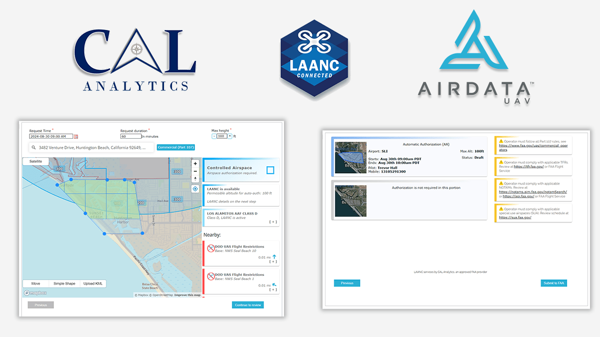 Thrilled to enhance LAANC with CAL Analytics! AirData users can now complete the full LAANC process right in their dashboard—no external redirects needed. Streamlined, efficient, and built for seamless drone operations! calanalytics.com/cal-airdata-la…